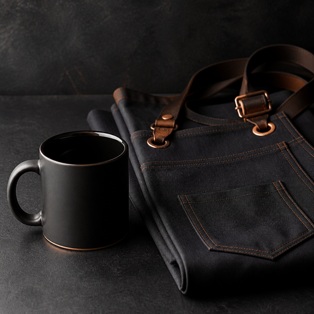 Coffee merchandise mug and apron