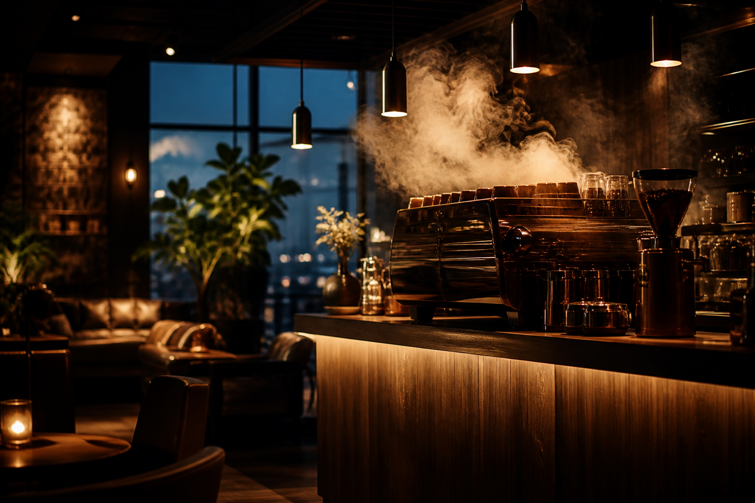 Atmospheric specialty coffee lounge interior with warm lighting